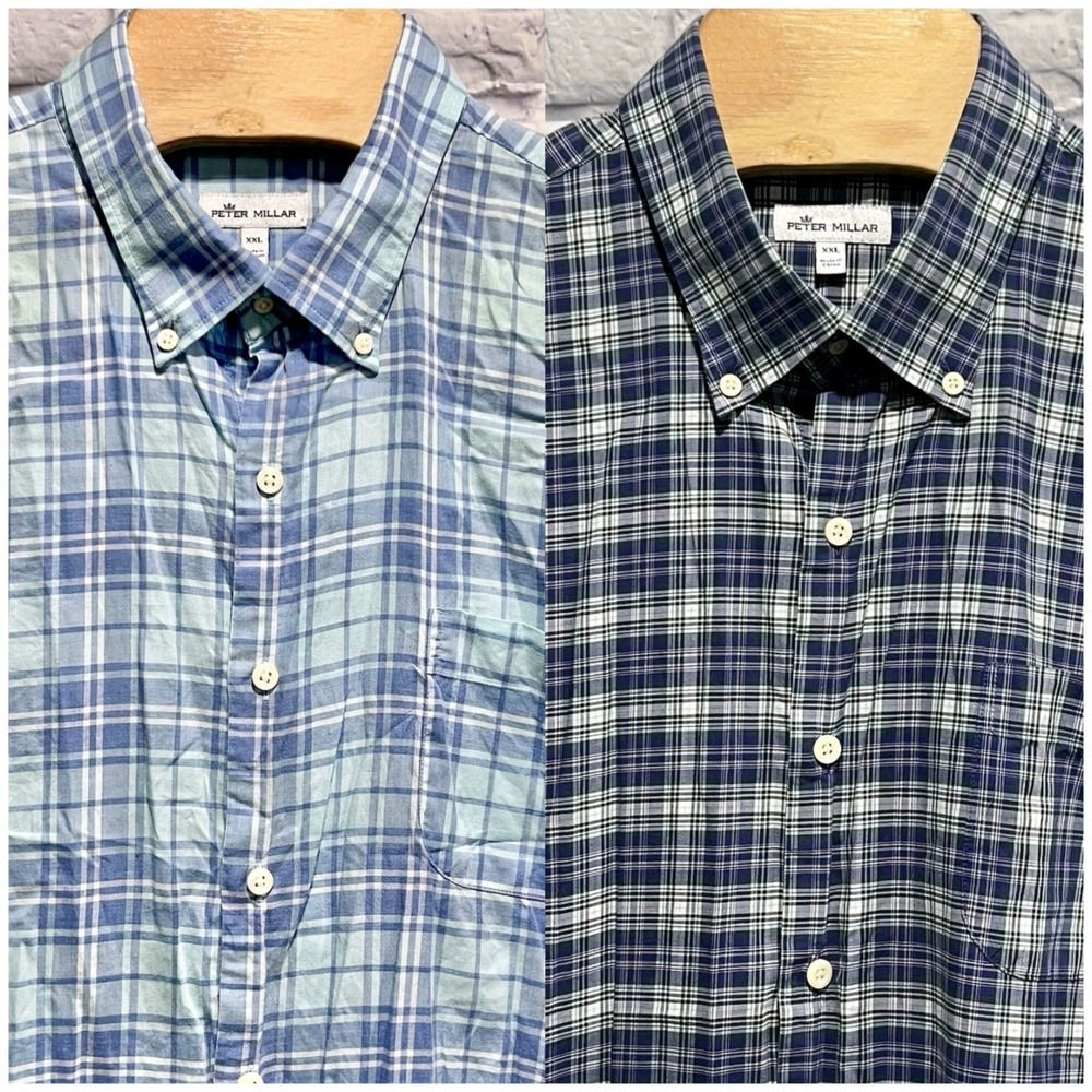 Lot Of 2 Peter Millar Men Blue Plaid Cotton Dress Button Long Sleeve Shirt 2XL‎